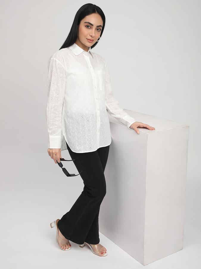 Women Cotton Relaxed Fit Shirt Collar Schiffli Top
