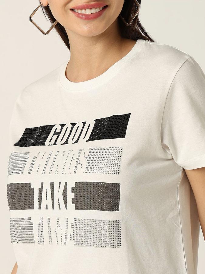 Women Cotton Regular Fit Crew Neck Slogan T-shirt