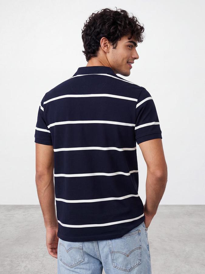 R&B Men Navy Blue Striped Short Sleeves Polo Tshirt