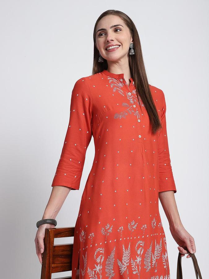 R&B Women Red Floral Print Mandarin Collar Knee Length Pure Viscose Ethnic Kurta