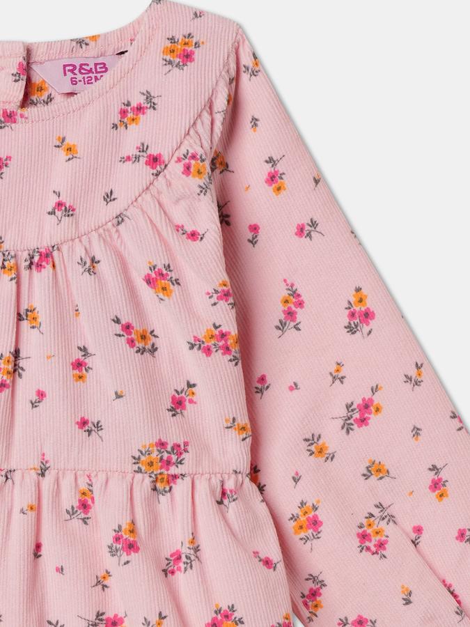Girls Floral Print Long Sleeve Round Neck Tiered Dress