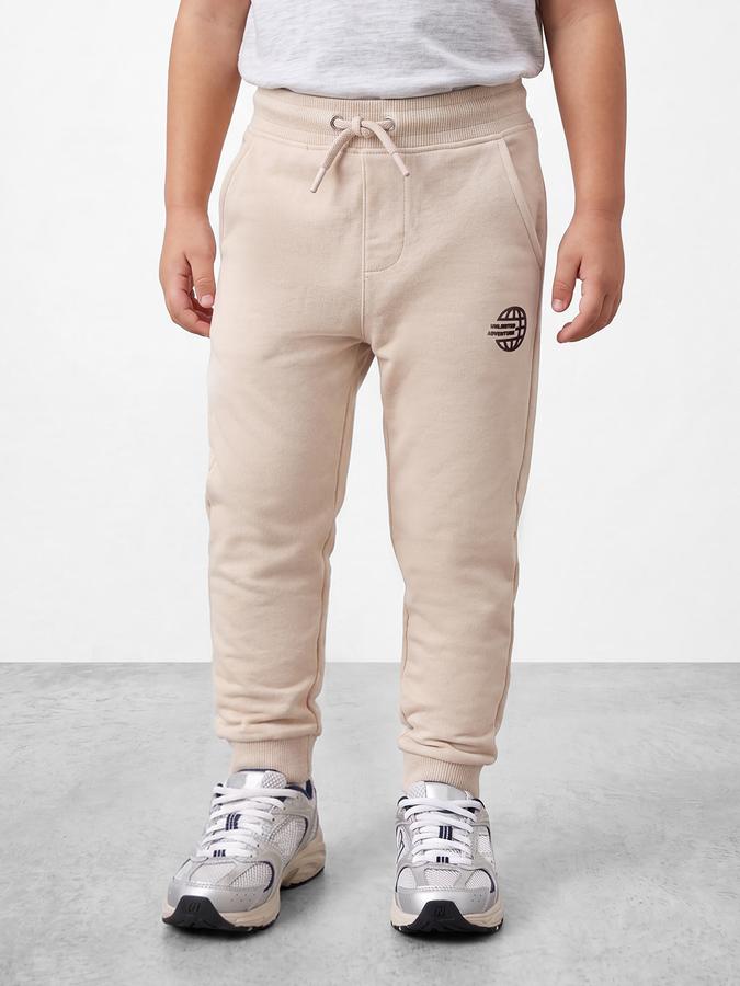 R&B Boys Beige Printed Pure Cotton Mid Rise Joggers