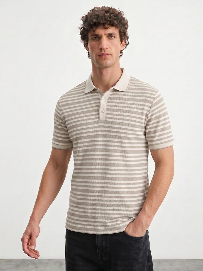 R&B Beige Men Striped Short Sleeves Tshirt
