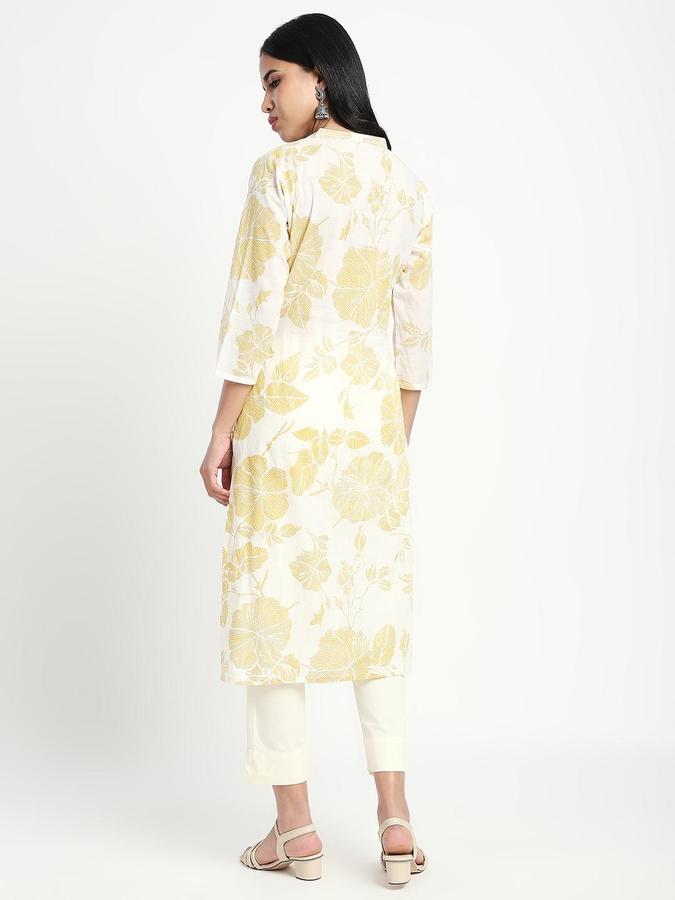 R&B Women Yellow Floral Print V-Neck Knee Length Pure Cotton Ethnic Kurta