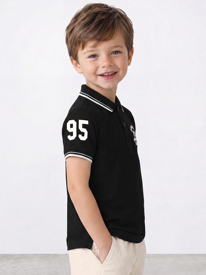 R&B Boys Black Typographic Print Short Sleeves Tipping Polo Collar Tshirt