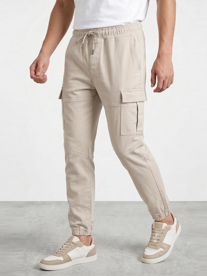 R&B Men's Beige Relaxed Fit Cargos Trousers