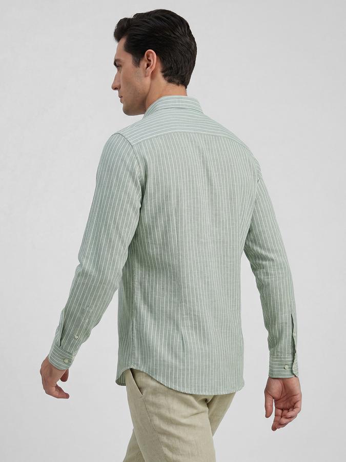 R&B Green Striped Men Spread Collar Long Sleeves Shirt