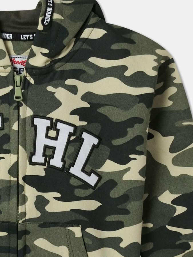 R&B Boys Olive Full Sleeves Camouflage Hooded Neck Zipper Jacket