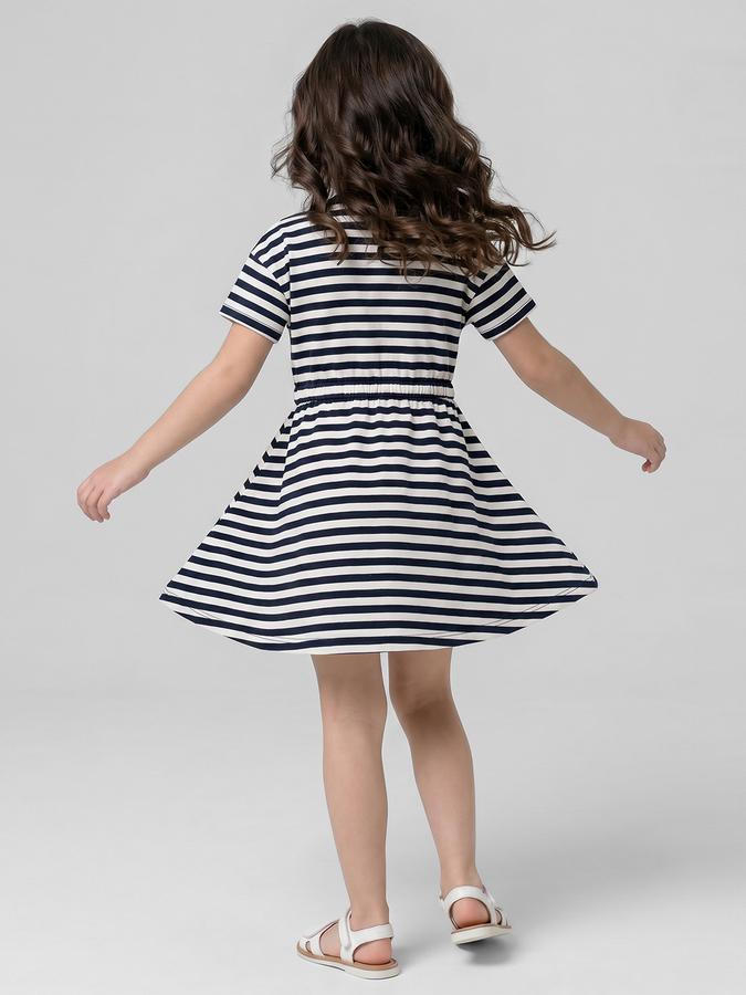 R&B Navy Blue Striped Round Neck Short Sleeves Fit and Flare Mini Girls Dress