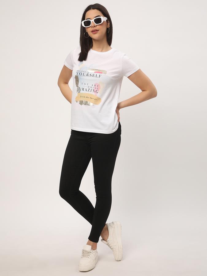 Women Cotton Regular Fit Round Neck Slogan T-shirt