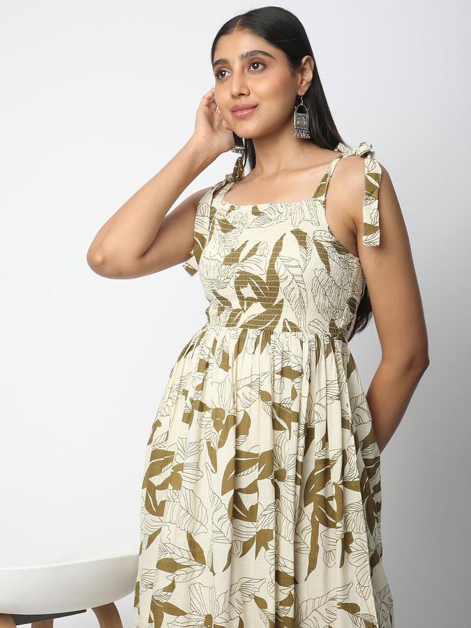 R&B Women Olive Printed Sleeveless Square Neck Knee Length Fit &amp; Flare Dress