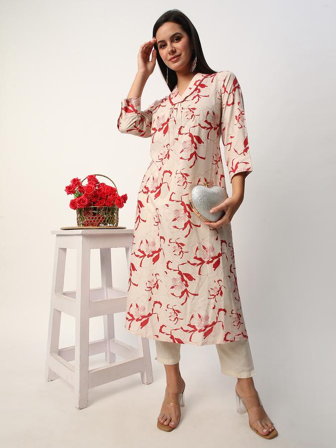Women Polyester Regular Fit V Neck Printed Kurta