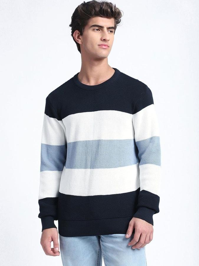 R&B Men Navy Blue Round Neck Colourblocked Long Sleeves Sweater