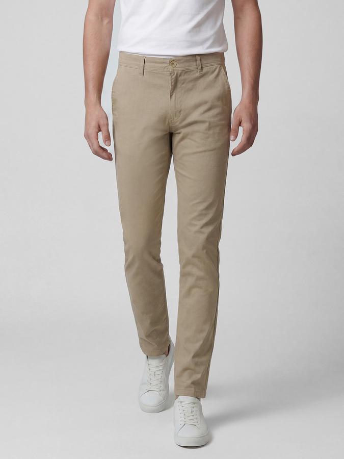 R&B Khaki Solid Men Mid-Rise Slim Fit Trouser