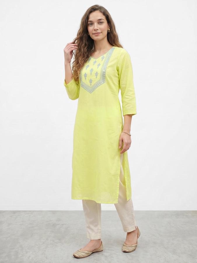 R&B Women Green Embroidered V-Neck Three-Quarter Sleeves Calf Length Straight Kurta 