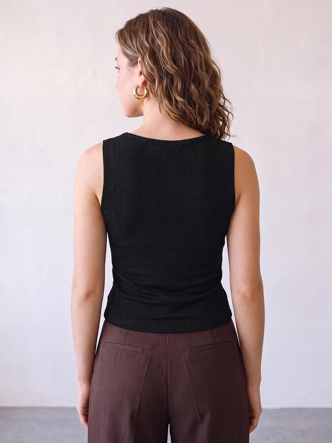 R&B Women Black Self Design V-Neck Sleeveless Ruched Tank Top