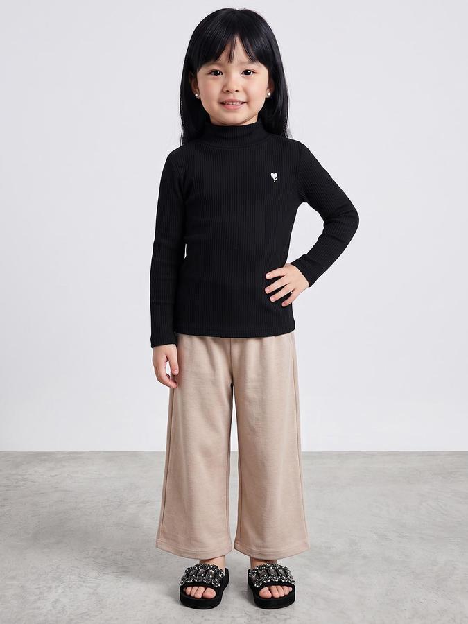 R&B Girls Black Textured Long Sleeves High Neck Ribbed T-Shirt