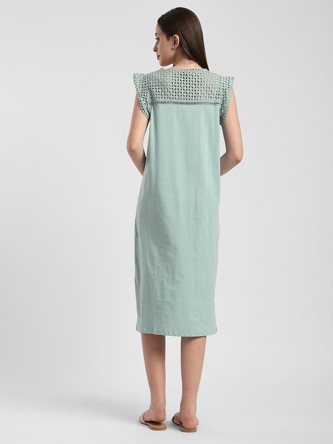 Women Cotton Relaxed Fit Round Neck Lace Yoke Night Shirt