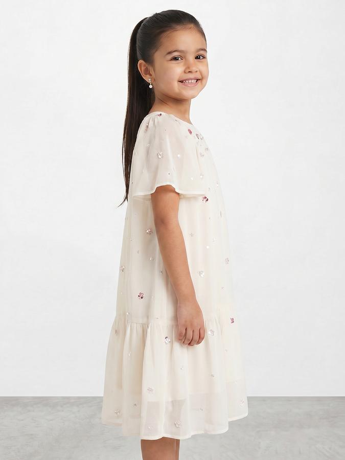 R&B Girl White Embroidery Floral Pure Cotton Flutter Sleeves A-Line Dress