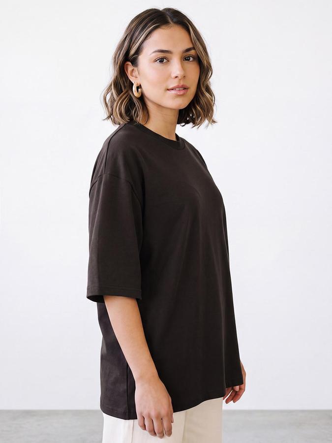 R&B Women Coffee Short Sleeve Round Neck Solid T-Shirt