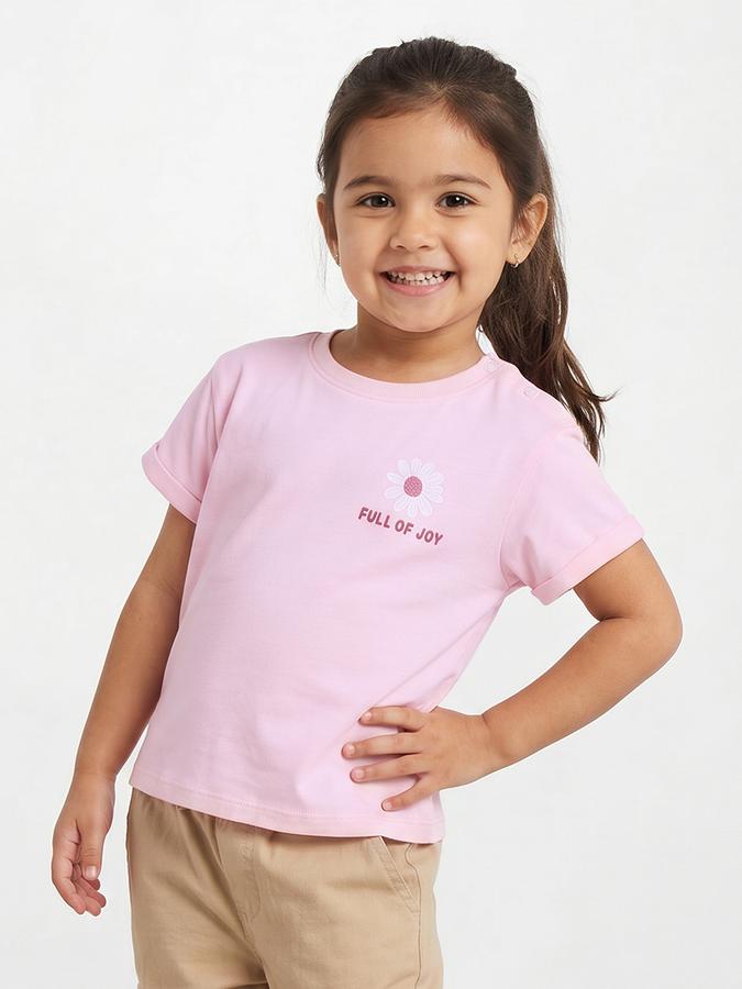 R&B Girls Pink Regular Fit Floral Print Short Sleeve T-shirt