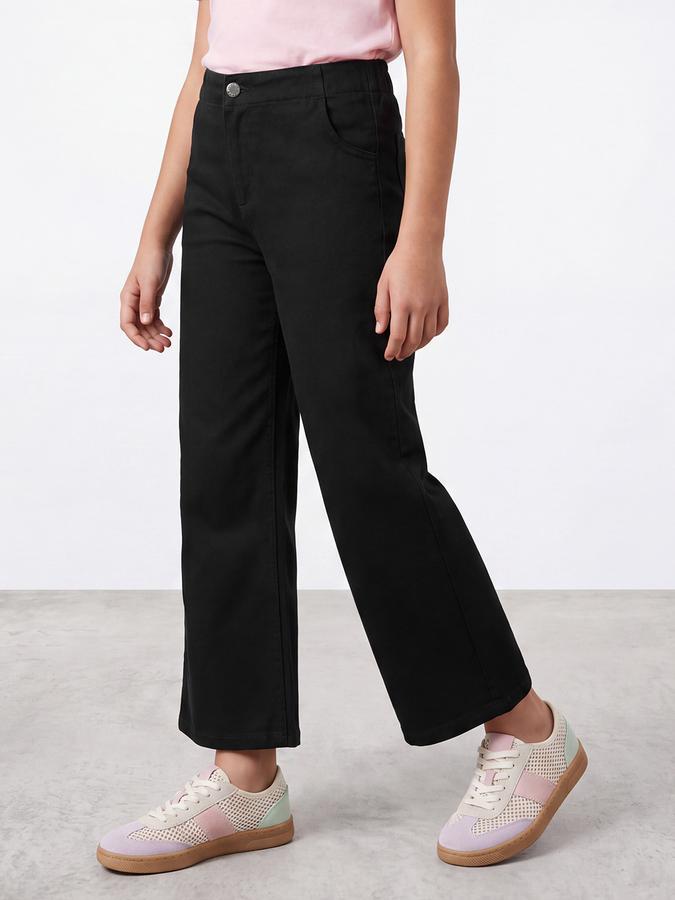 R&B Girls Black Solid Wide Leg Mid Rise Trousers
