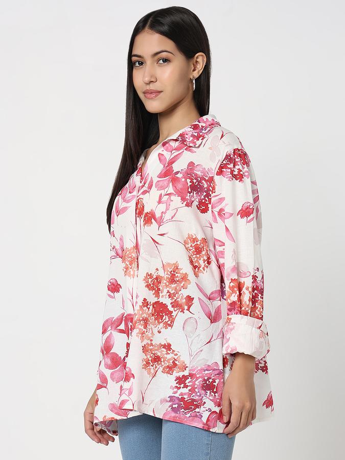 Women Linen Relaxed Fit Shirt Collar Floral Top