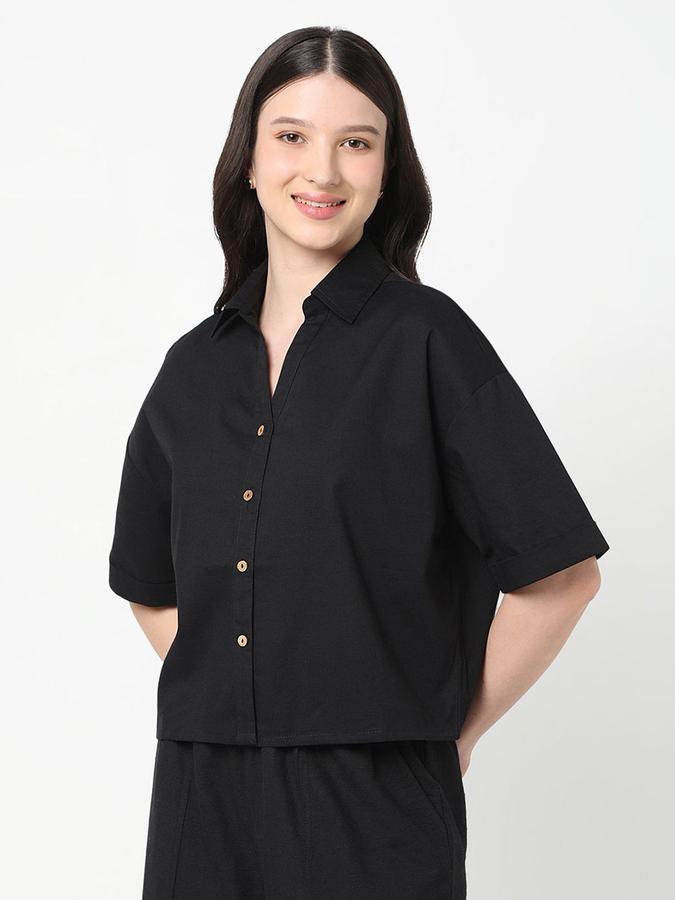 R&B Women Black Solid Half Sleeves Cuban Collar Shirt