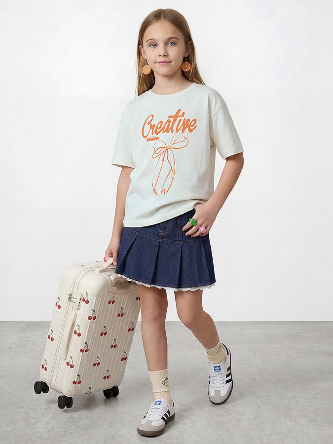 R&B Girls White Regular Fit Bow Printed Short Sleeve T-shirt