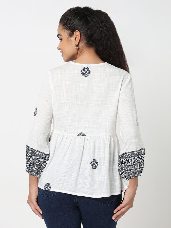 Women Cotton Blend Relaxed Fit Round Neck Embroidered Top