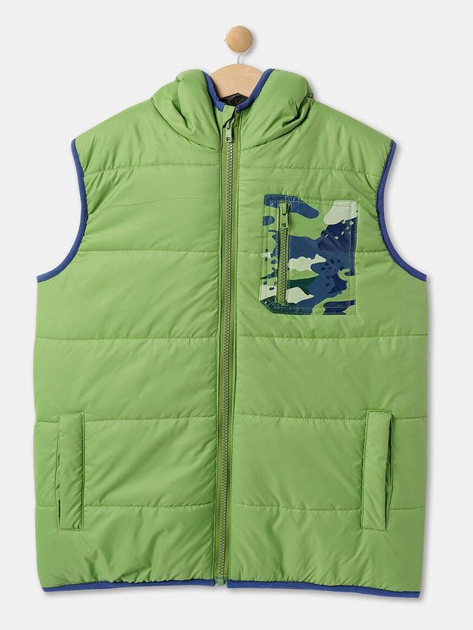 R&B Boys Green Sleeveless Solid Hooded Neck Bomber Jacket