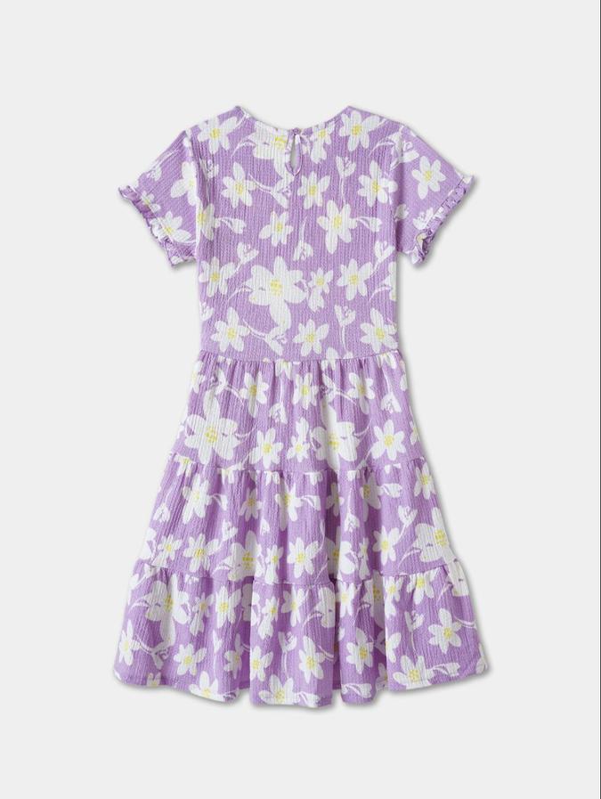 R&B Purple Floral Printed Girls Short Sleeves Dress