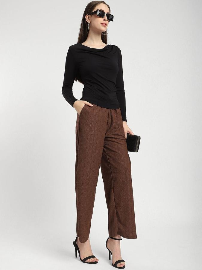 R&B Women Brown Self Design Regular Fit Trousers