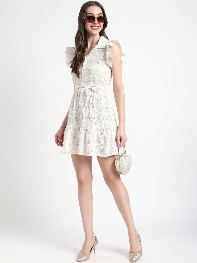 R&B Women Ivory Self Design Sleeveless Lapel Collar Mini Fit &amp; Flare Dress
