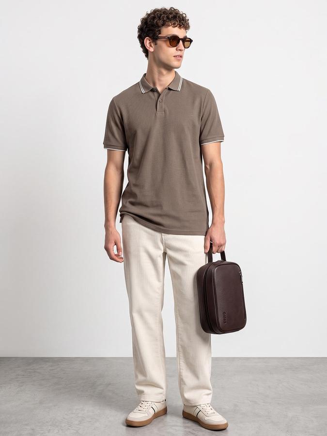 R&B Men Olive Textured Short Sleeves Polo Collar T-Shirt