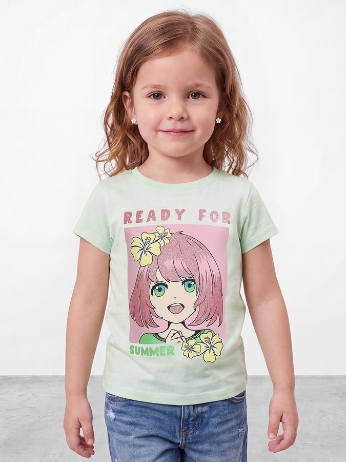 R&B Girls Green Kawaii Graphic Print  Short Sleeves Pure Cotton T-shirt