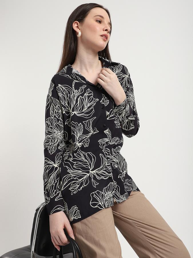 R&B Women Black Leaf Print Shirt