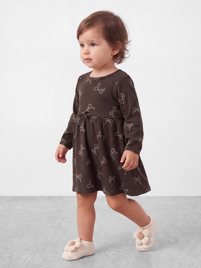 R&B Girls Dark Brown Bow Printed Round Neck Bishop Sleeves Fit and Flare Dress