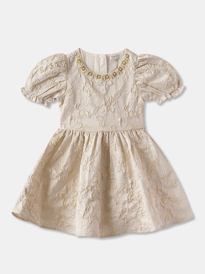Girls Floral Jacquard Puff Sleeve Round Neck Fit & Flare Dress