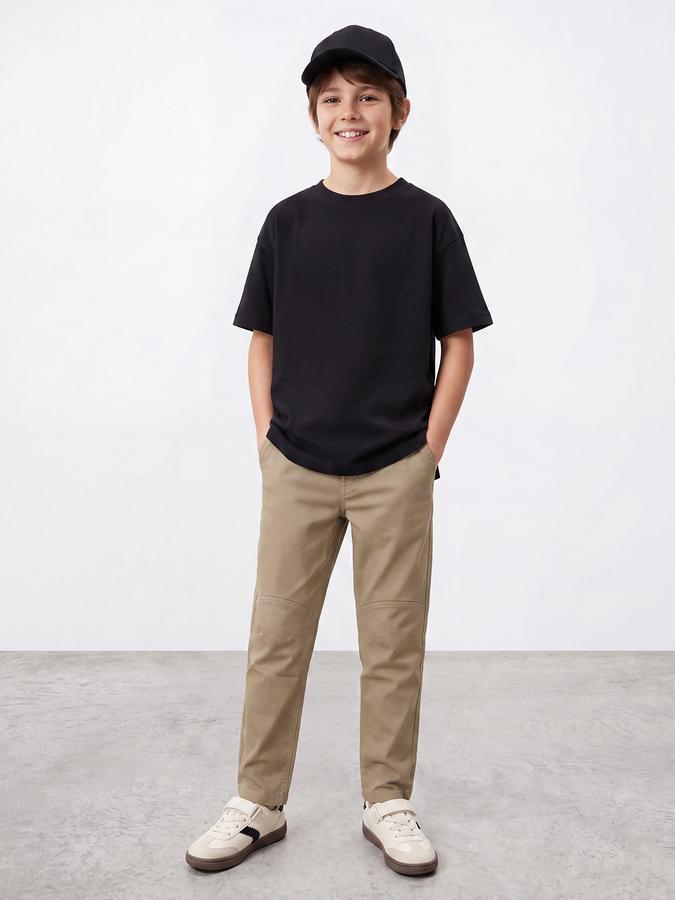 R&B Boys Beige Solid Regular Fit Mid Rise Trousers