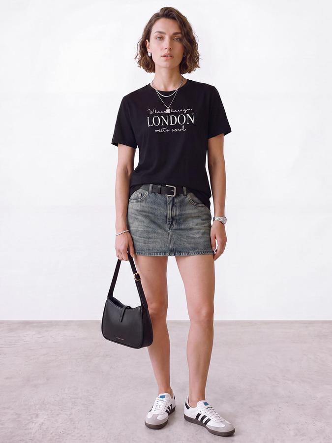 R&B Women Black Short Sleeve Round Neck Typography Graphic Print T-Shirt