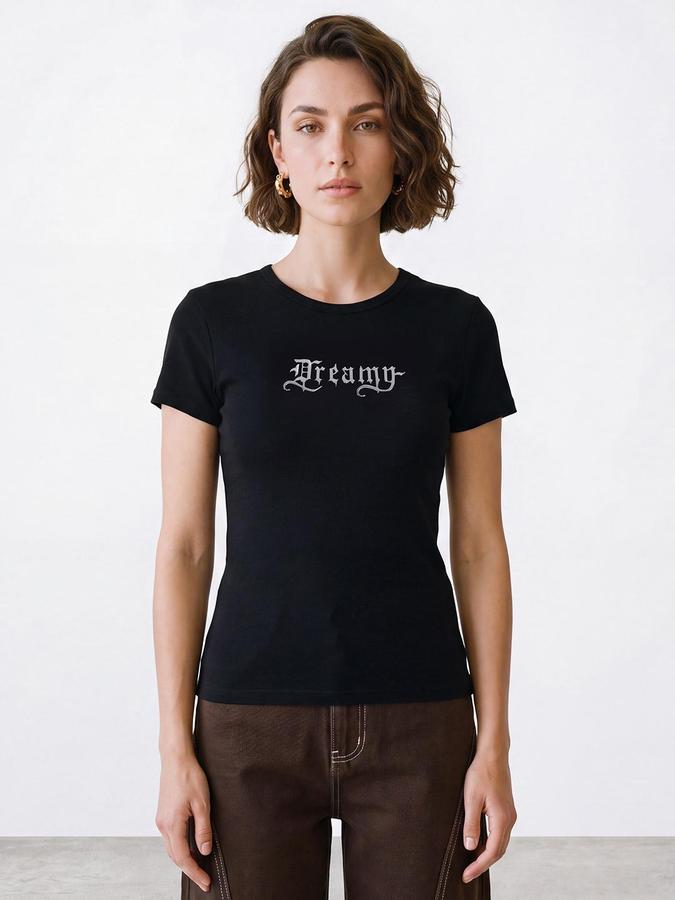 R&B Women Black Short Sleeve Round Neck Typography Graphic Print T-Shirt