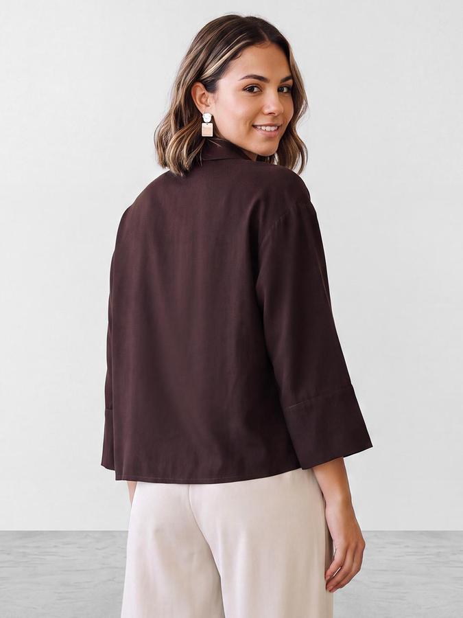 R&B Women Brown Solid Shirt Collar Long Sleeves Shirt Style Top