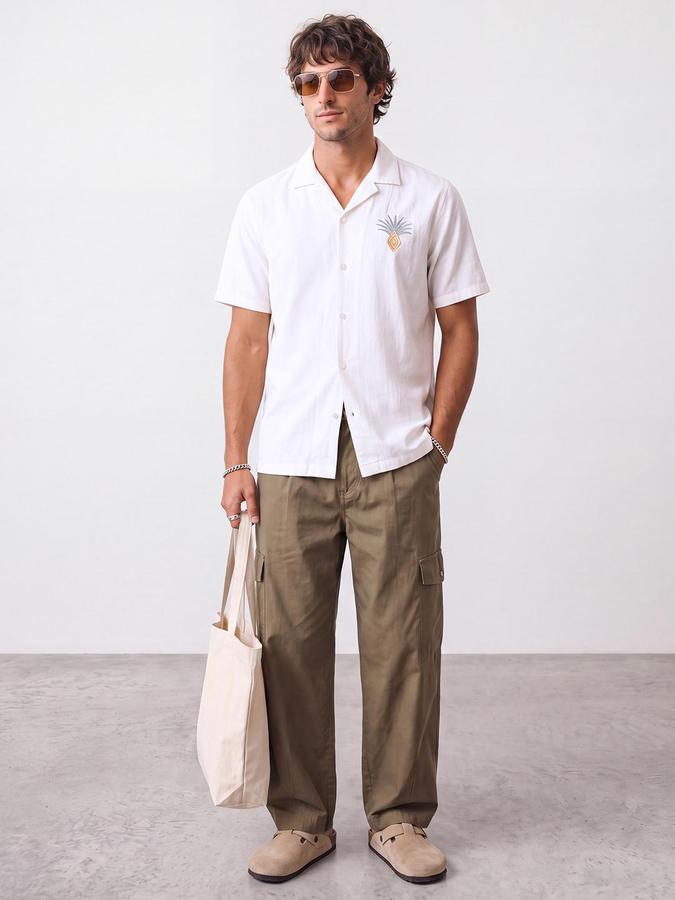 R&B Men Ivory Textured Short Sleeves Relaxed Fit Shirt