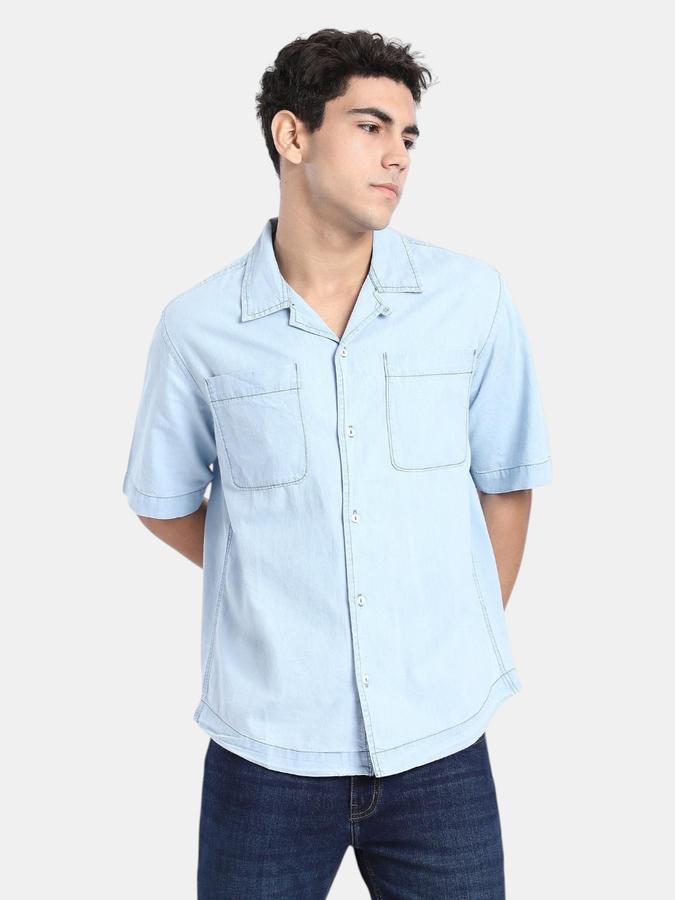 R&B  Blue Solid Men Short Sleeves Relaxed Fit Shirts