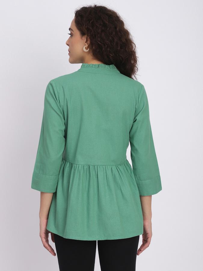 Women Cotton Relaxed Fit Ruffled Collar Solid Ethnic Top