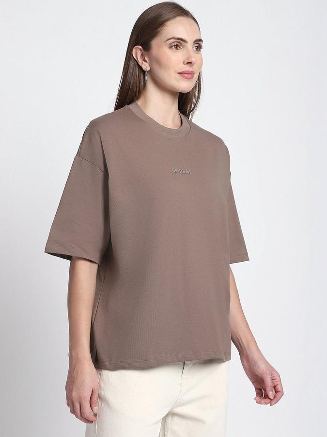 R&B Womens Brown Typography Printed  Round Neck Short Sleeves T-shirt