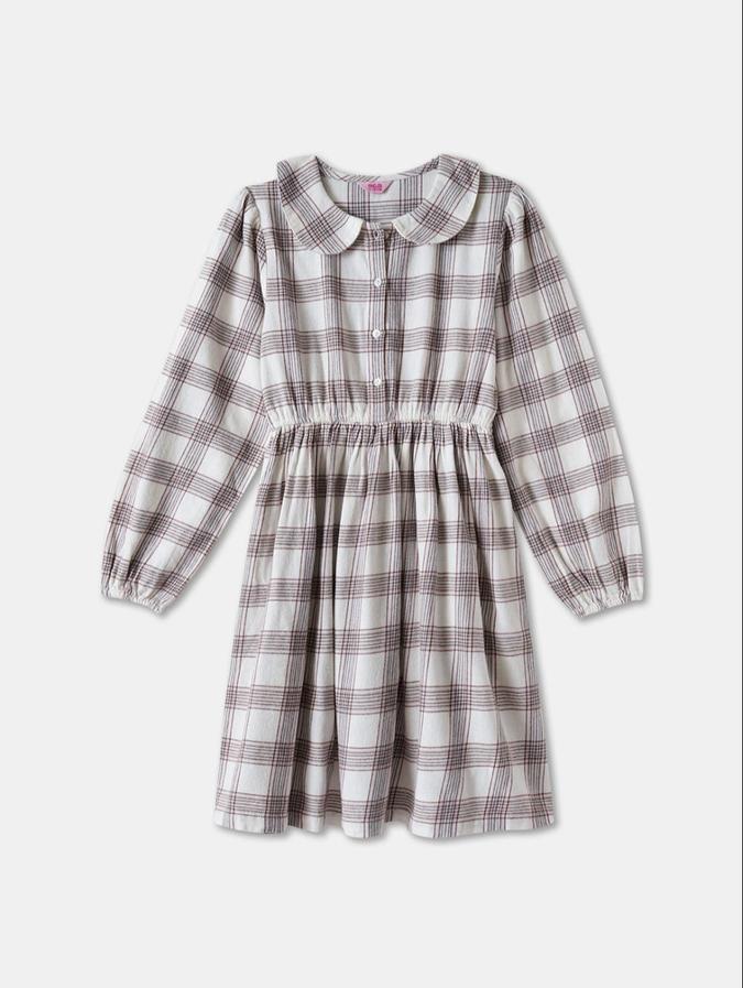 R&B Beige Checked  Girls Long Sleeves Dress