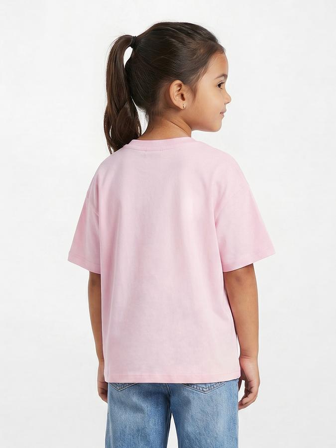 R&B Girls Pink Regular Fit Stitch Printed Short Sleeve T-shirt