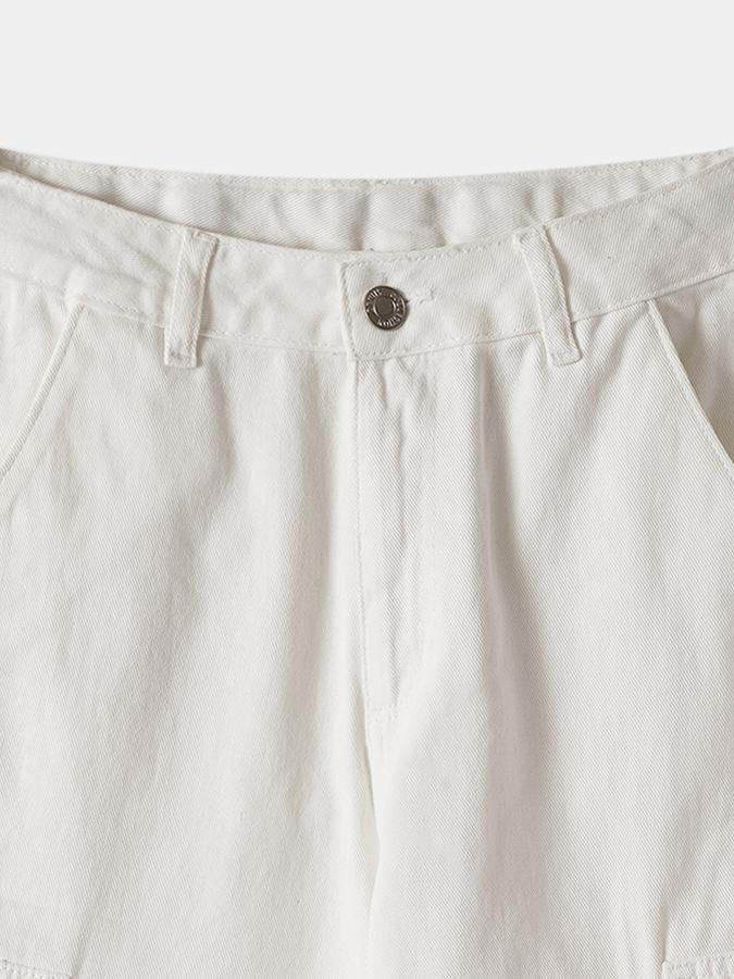 Solid Wide Leg Cargo Jeans with Button Closure image number 3